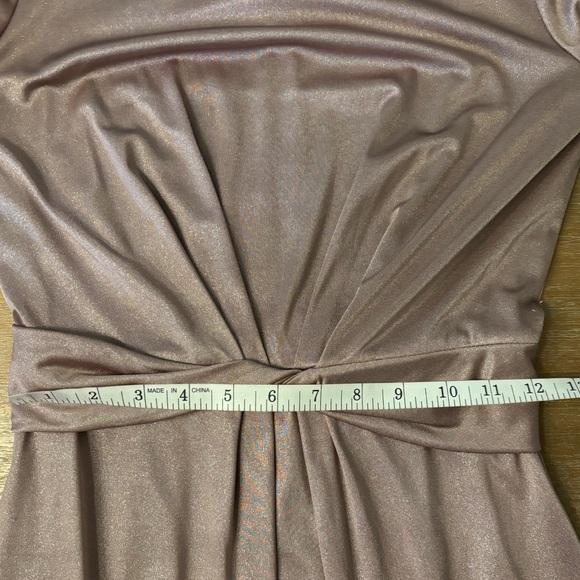Tahari Nude Shimmer Fitted Boatneck 3/4 Sleeve Twist Waist Cocktail Dress, 2P - Picture 8 of 10